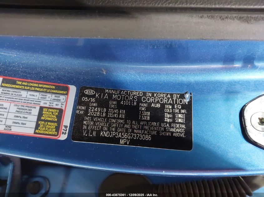 2016 Kia Soul + VIN: KNDJP3A56G7373086 Lot: 43875361