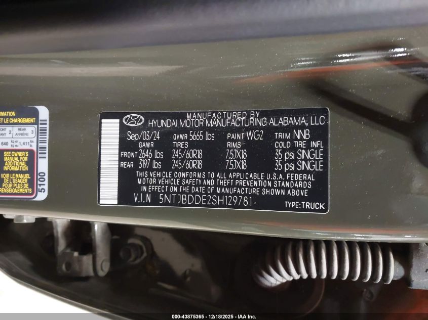 2025 Hyundai Santa Cruz Sel VIN: 5NTJBDDE2SH129781 Lot: 43875365