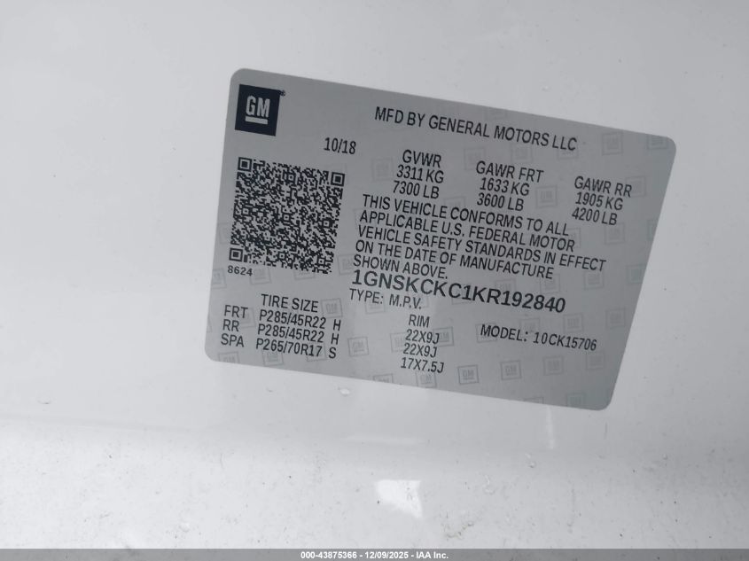 2019 Chevrolet Tahoe Premier VIN: 1GNSKCKC1KR192840 Lot: 43875366