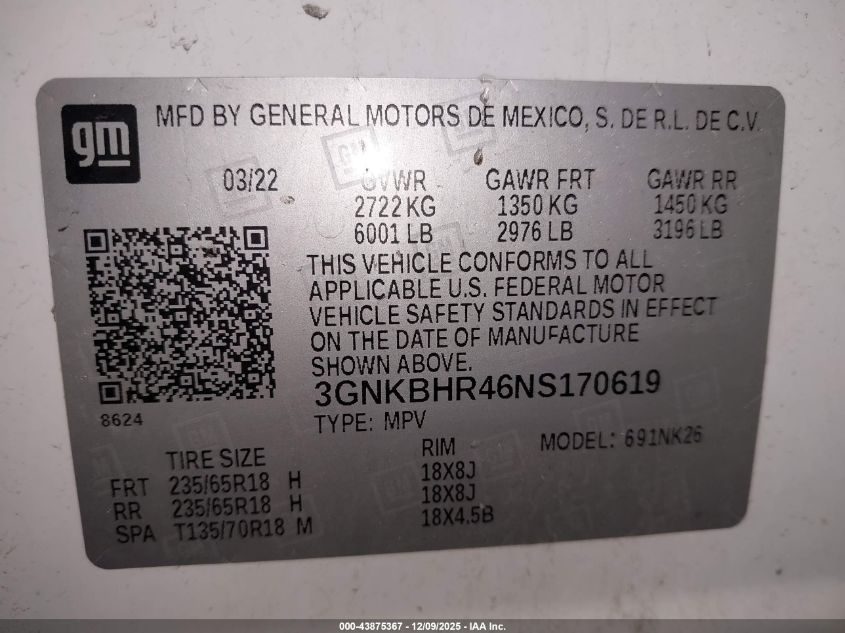 2022 Chevrolet Blazer Awd 2Lt VIN: 3GNKBHR46NS170619 Lot: 43875367