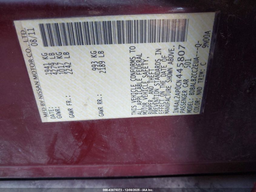 2012 Nissan Altima 2.5 S VIN: 1N4AL2AP0CN445807 Lot: 43875373