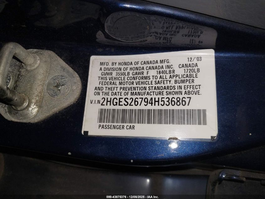 2004 Honda Civic Ex VIN: 2HGES26794H536867 Lot: 43875376