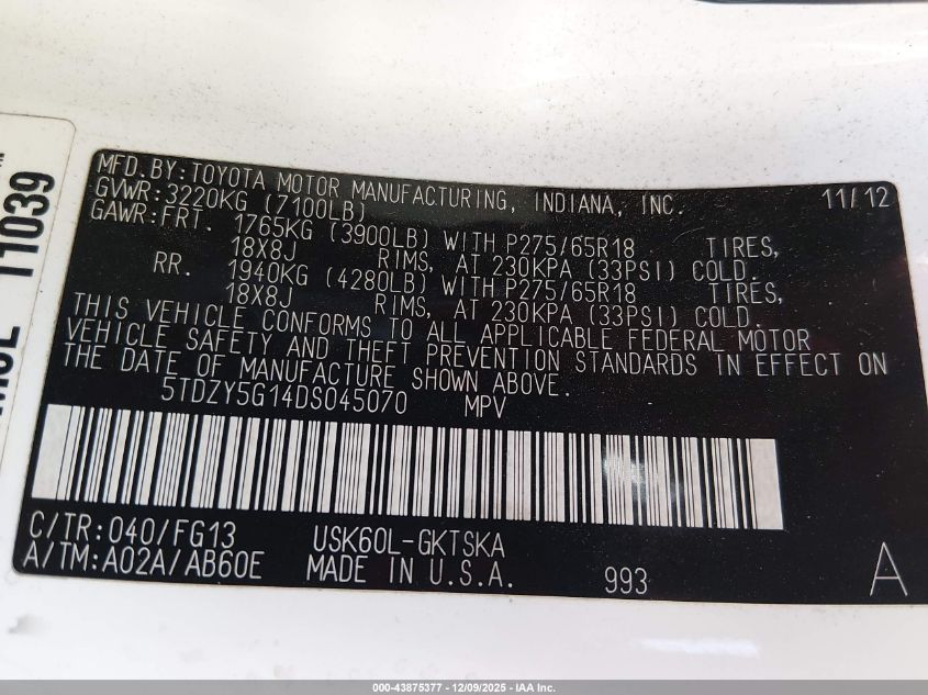 2013 Toyota Sequoia Sr5 5.7L V8 VIN: 5TDZY5G14DS045070 Lot: 43875377