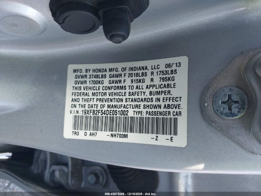 2013 Honda Civic Lx VIN: 19XFB2F54DE051002 Lot: 43875386