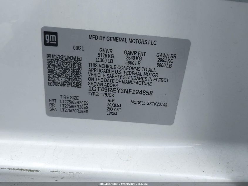 2022 GMC Sierra 2500Hd Denali VIN: 1GT49REY3NF124858 Lot: 43875388