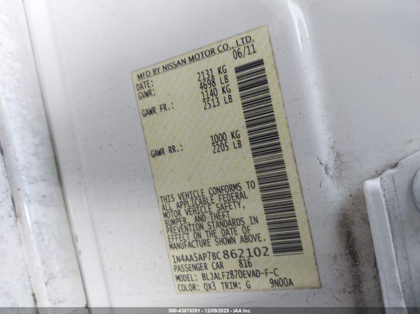 2011 Nissan Maxima 3.5 Sv VIN: 1N4AA5AP7BC862102 Lot: 43875391