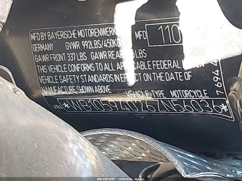 2006 BMW K1200 R VIN: WB10594026ZN56036 Lot: 43875397