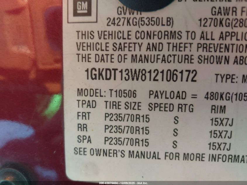 2001 GMC Jimmy Slt VIN: 1GKDT13W812106172 Lot: 43875404