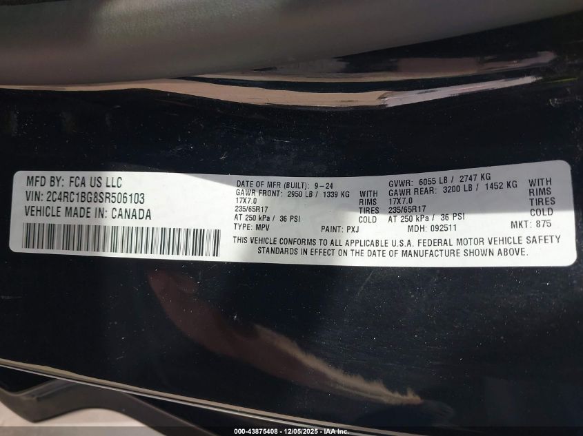 2025 Chrysler Pacifica Select VIN: 2C4RC1BG8SR506103 Lot: 43875408