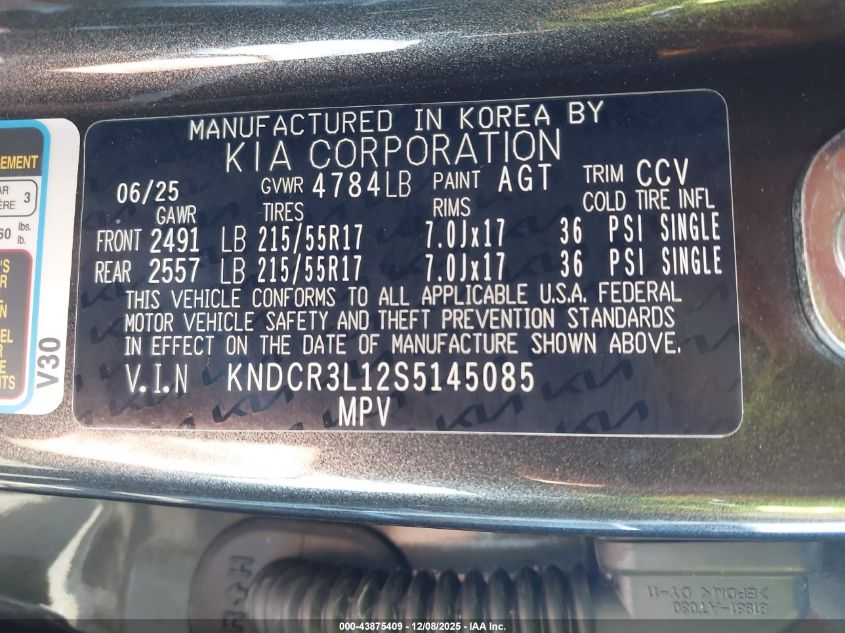 2025 Kia Niro Ev Wind VIN: KNDCR3L12S5145085 Lot: 43875409