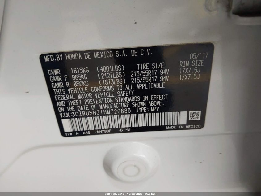 2017 Honda Hr-V Lx VIN: 3CZRU5H31HM726685 Lot: 43875410