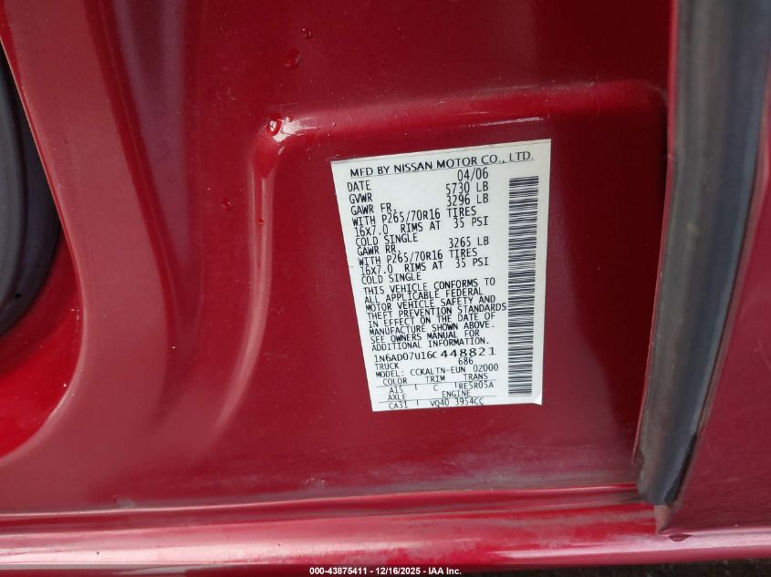 2006 Nissan Frontier Se VIN: 1N6AD07U16C448821 Lot: 43875411