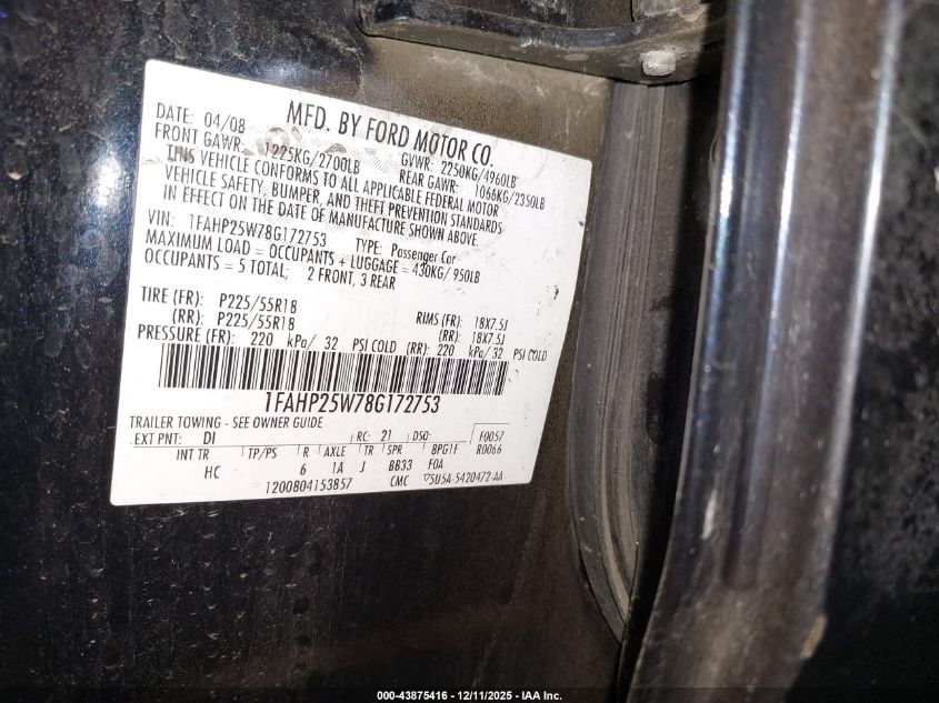 2008 Ford Taurus Limited VIN: 1FAHP25W78G172753 Lot: 43875416