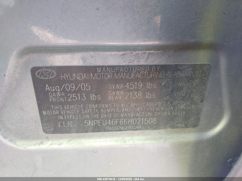 2006 Hyundai Sonata Gls V6/Lx V6 VIN: 5NPEU46F66H021508 Lot: 43875418