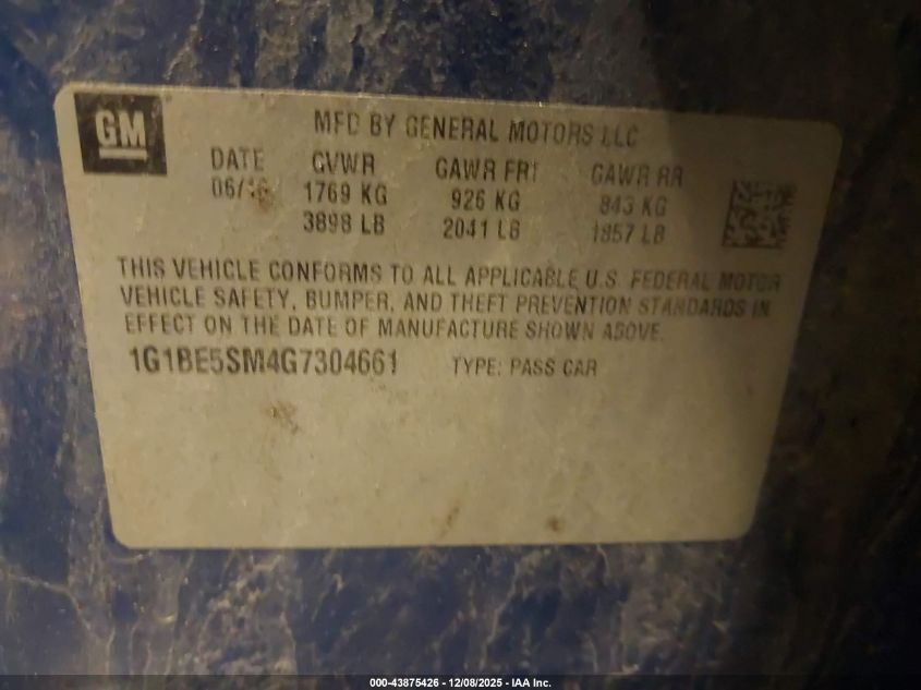 2016 Chevrolet Cruze Lt Auto VIN: 1G1BE5SM4G7304661 Lot: 43875426
