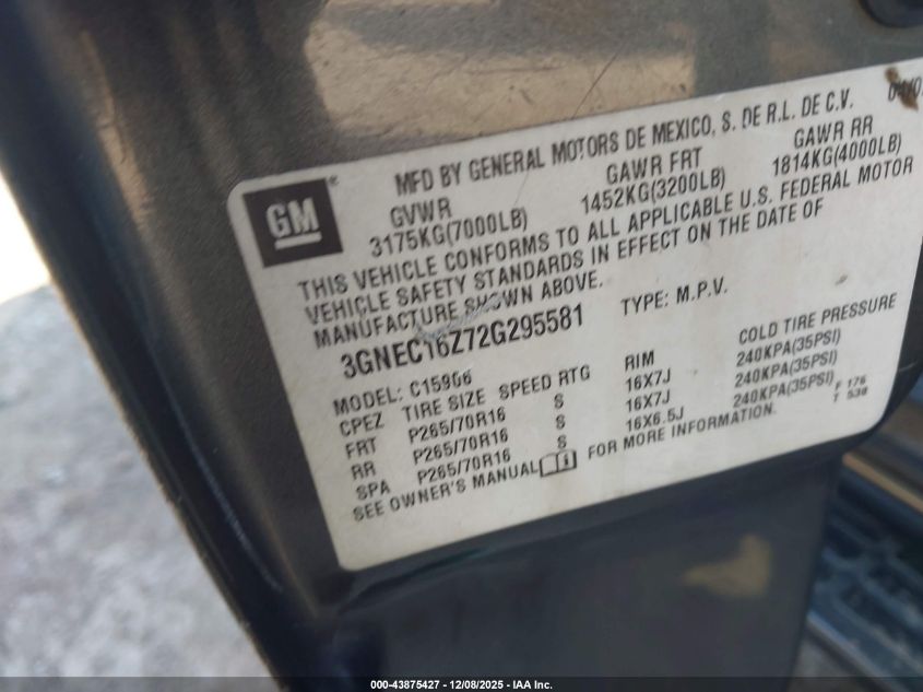 2002 Chevrolet Suburban 1500 Lt VIN: 3GNEC16Z72G295581 Lot: 43875427