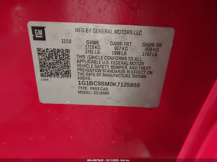 2019 Chevrolet Cruze Ls VIN: 1G1BC5SM0K7125855 Lot: 43875429