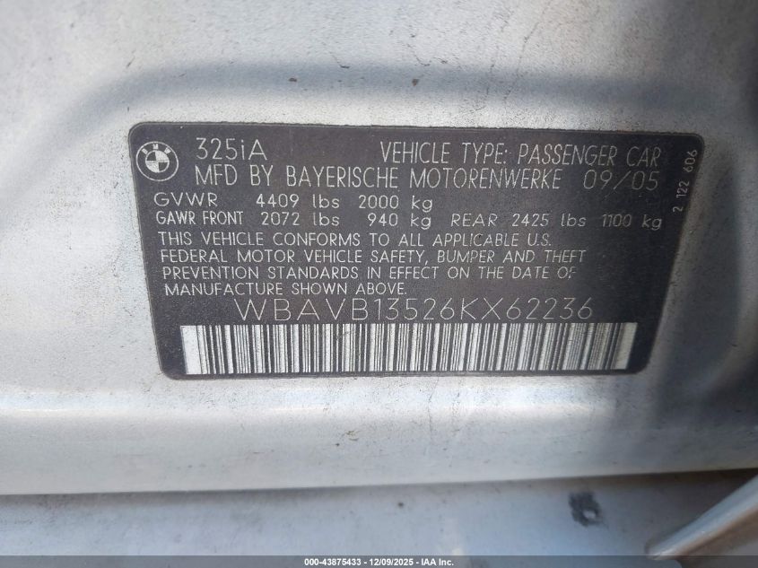 2006 BMW 325I VIN: WBAVB13526KX62236 Lot: 43875433
