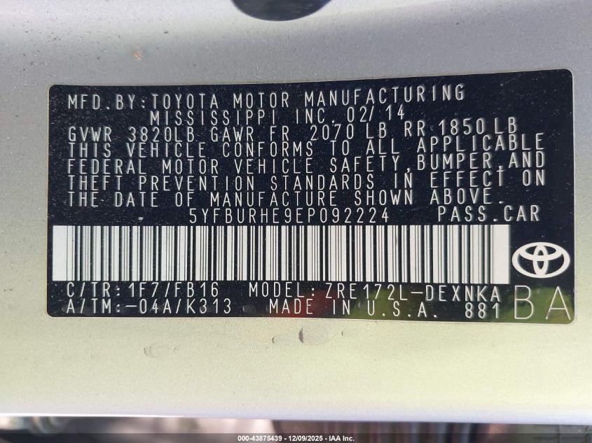 2014 Toyota Corolla Le Plus VIN: 5YFBURHE9EP092224 Lot: 43875439