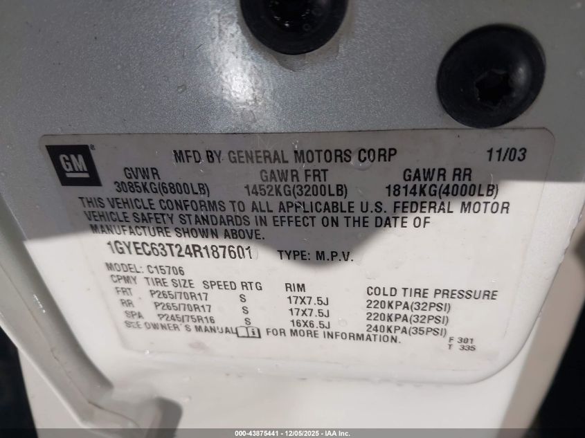 2004 Cadillac Escalade Standard VIN: 1GYEC63T24R187601 Lot: 43875441