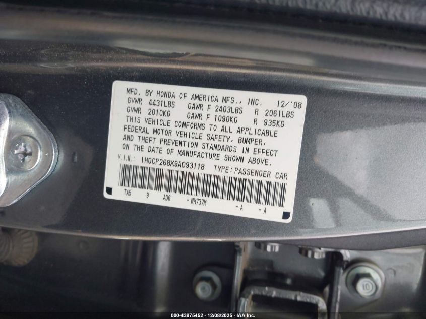 2009 Honda Accord 2.4 Ex-L VIN: 1HGCP268X9A093118 Lot: 43875452