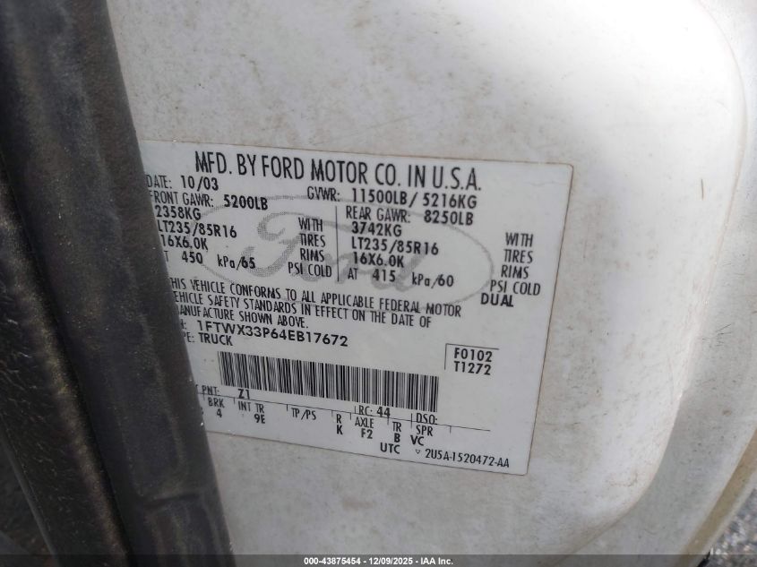 2004 Ford F-350 Lariat/Xl/Xlt VIN: 1FTWX33P64EB17672 Lot: 43875454
