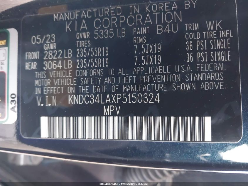 2023 Kia Ev6 Wind VIN: KNDC34LAXP5150324 Lot: 43875455