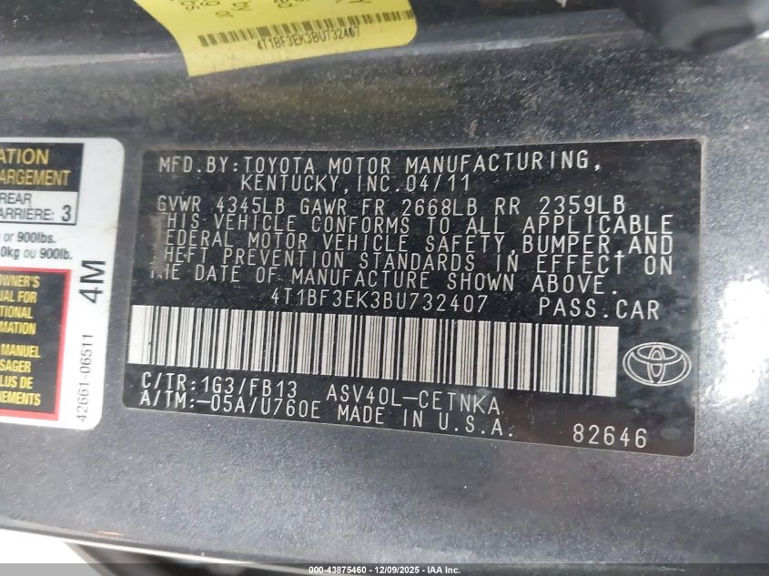 2011 Toyota Camry Le VIN: 4T1BF3EK3BU732407 Lot: 43875460