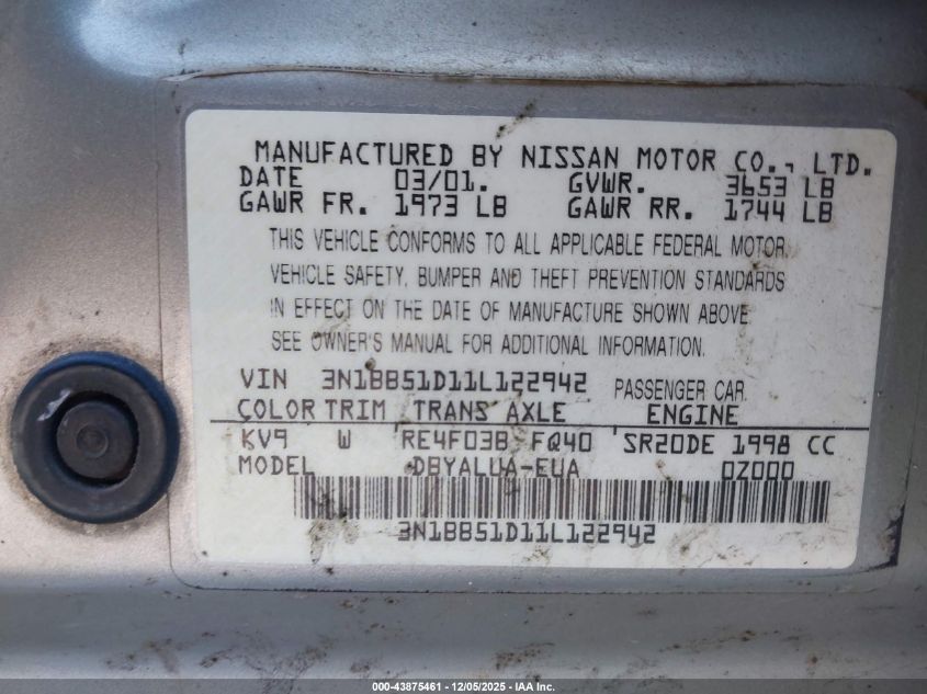 2001 Nissan Sentra Se VIN: 3N1BB51D11L122942 Lot: 43875461