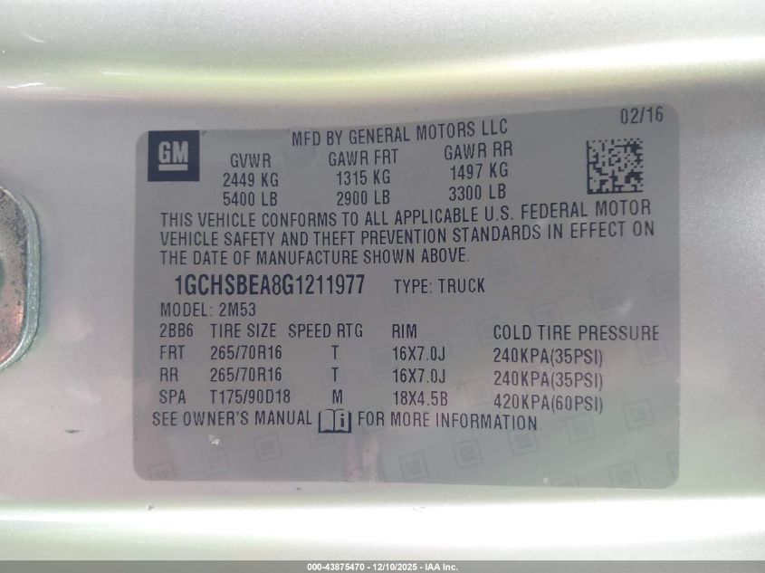 2016 Chevrolet Colorado Wt VIN: 1GCHSBEA8G1211977 Lot: 43875470