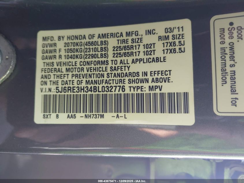 2011 Honda Cr-V Lx VIN: 5J6RE3H34BL032776 Lot: 43875471