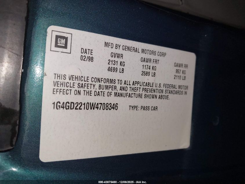 1998 Buick Riviera Base Cmi VIN: 1G4GD2210W4708346 Lot: 43875480