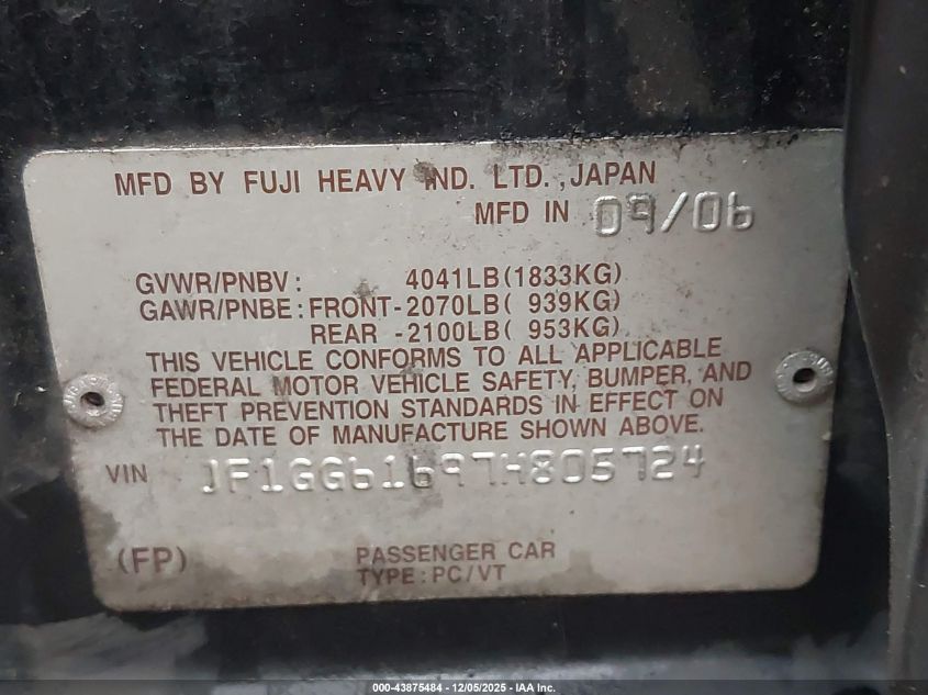 2007 Subaru Impreza 2.5I VIN: JF1GG61697H805724 Lot: 43875484