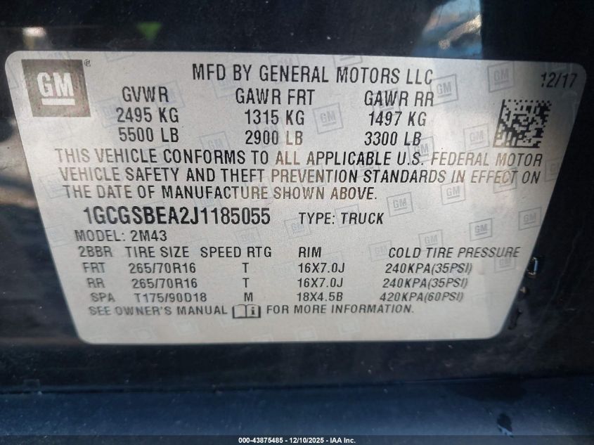 2018 Chevrolet Colorado Wt VIN: 1GCGSBEA2J1185055 Lot: 43875485