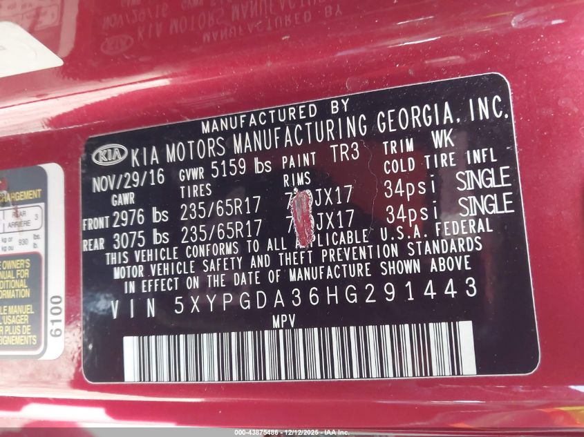 2017 Kia Sorento 2.4L Lx VIN: 5XYPGDA36HG291443 Lot: 43875486