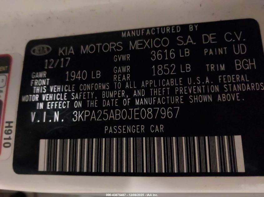 2018 Kia Rio Lx VIN: 3KPA25AB0JE087967 Lot: 43875487