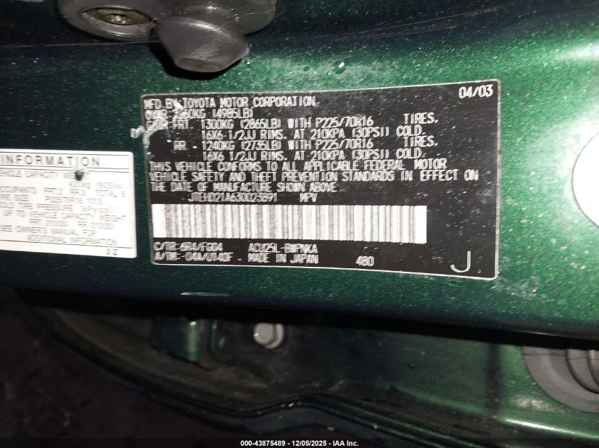2003 Toyota Highlander VIN: JTEHD21A630023891 Lot: 43875489