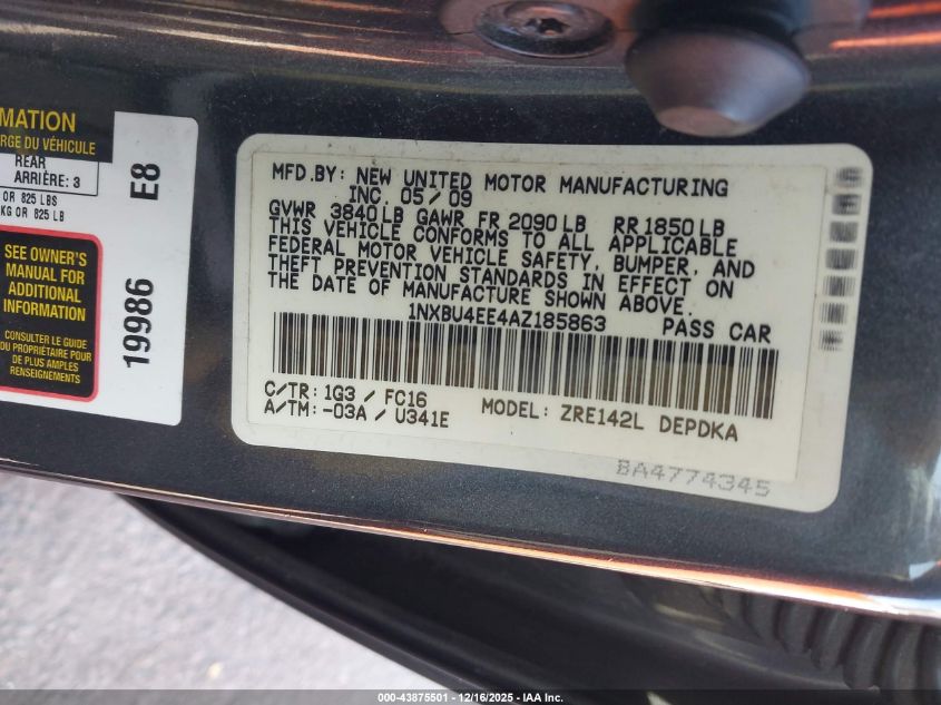 2010 Toyota Corolla Le VIN: 1NXBU4EE4AZ185863 Lot: 43875501