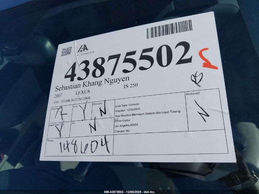 2007 Lexus Is 250 VIN: JTHBK262375025848 Lot: 43875502