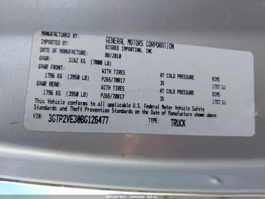 2011 GMC Sierra 1500 Sle VIN: 3GTP2VE30BG126477 Lot: 43875510