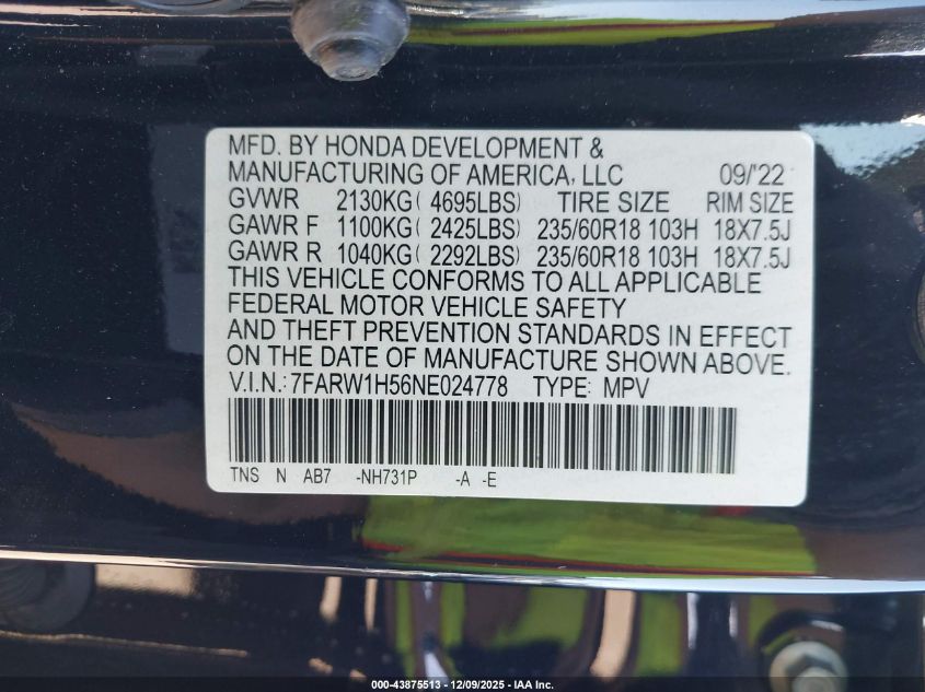 2022 Honda Cr-V Ex VIN: 7FARW1H56NE024778 Lot: 43875513