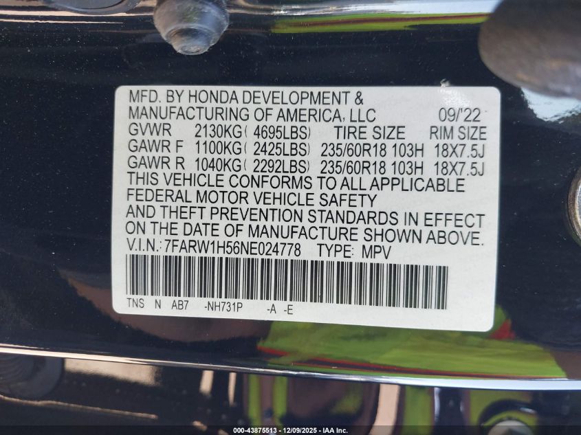 2022 Honda Cr-V Ex VIN: 7FARW1H56NE024778 Lot: 43875513