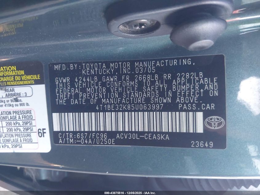 2005 Toyota Camry Se VIN: 4T1BE32K85U063997 Lot: 43875516