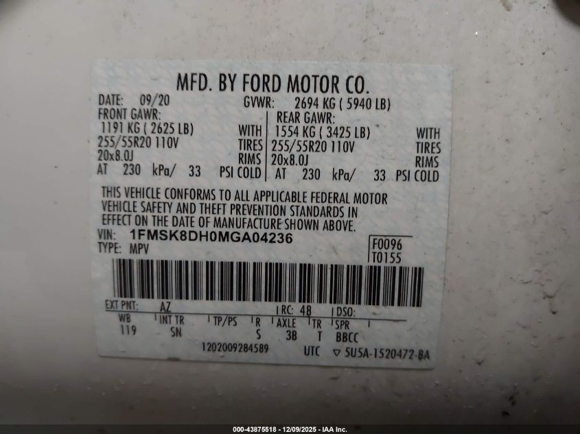 2021 Ford Explorer Xlt VIN: 1FMSK8DH0MGA04236 Lot: 43875518