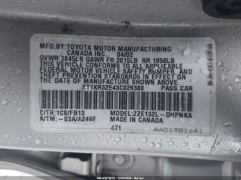 2003 Toyota Matrix Xr VIN: 2T1KR32E43C029388 Lot: 43875519