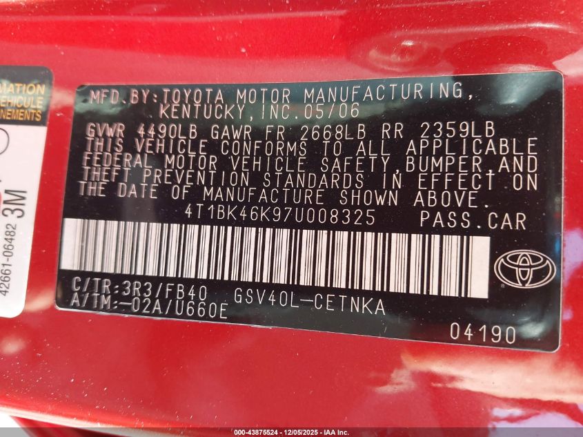 2007 Toyota Camry Le V6 VIN: 4T1BK46K97U008325 Lot: 43875524