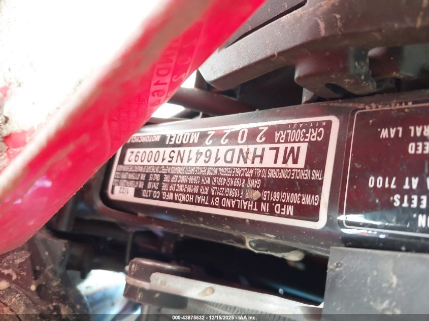 2022 Honda Crf300 Lra VIN: MLHND1641N5100092 Lot: 43875532