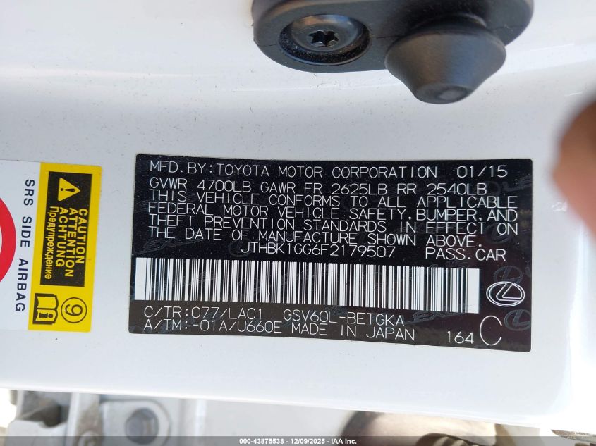 2015 Lexus Es 350 VIN: JTHBK1GG6F2179507 Lot: 43875538