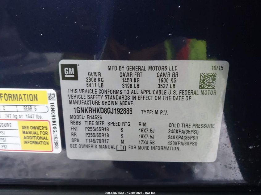 2016 Chevrolet Traverse 2Lt VIN: 1GNKRHKD8GJ192888 Lot: 43875541