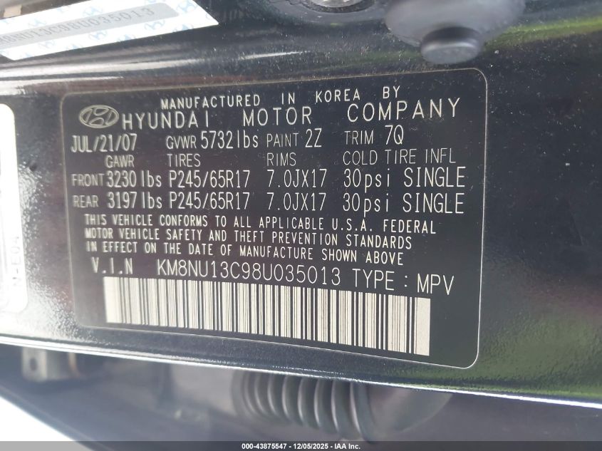 2008 Hyundai Veracruz Gls/Limited/Se VIN: KM8NU13C98U035013 Lot: 43875547